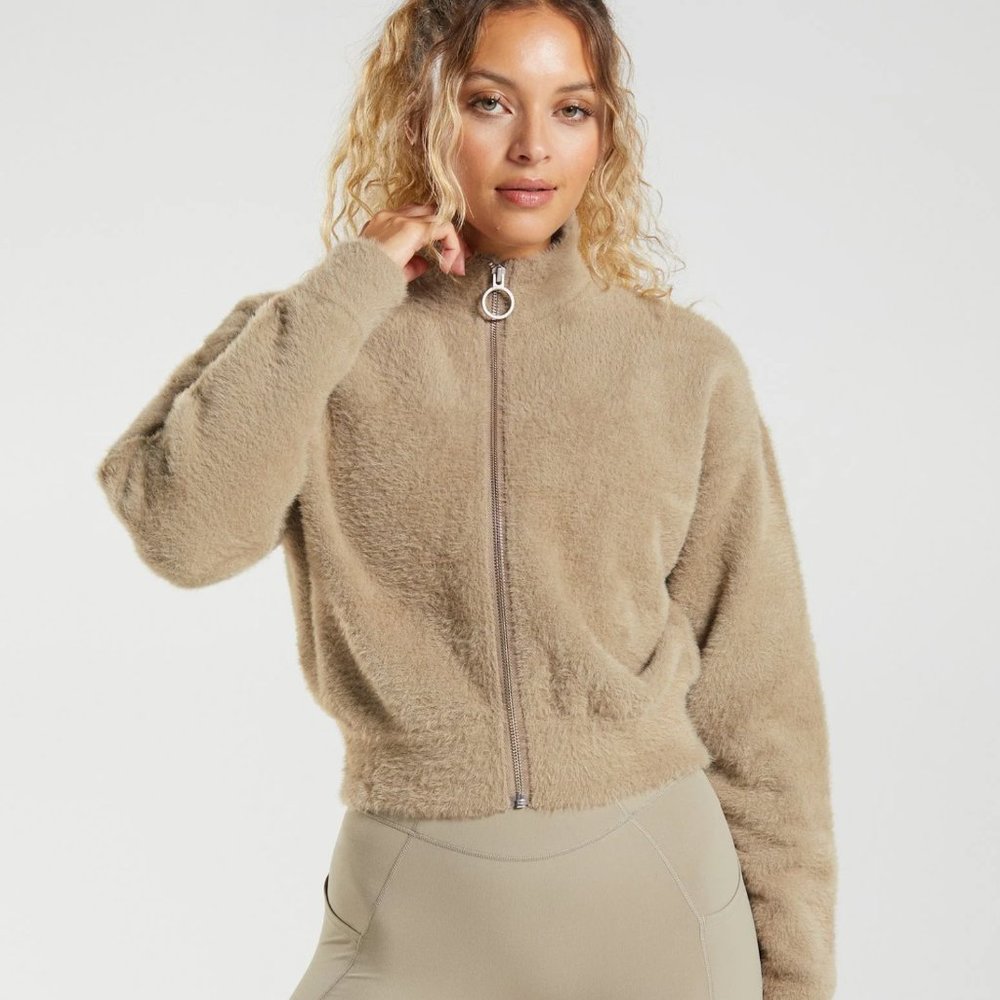 BNWT WHITNEY SIMMONS X GYMSHARK EYELASH KNIT JACKET CEMENT BROWN SIZE XS - Picture 1 of 3